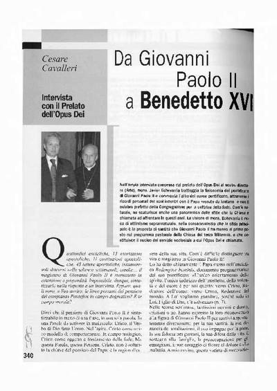 Da Giovanni Paolo II a Benedetto XVI. Intervista con il Prelato dell’Opus Dei [Entrevista realizada por Cesare Cavalleri]. [Artículo de revista]