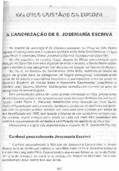 A canonizaçao de S. Josemaría Escrivá: conheci pessoalmente Josemaría Escrivá. [Artículo de revista]