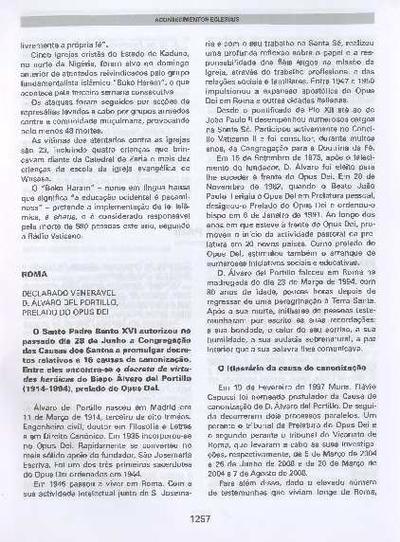 Declarado venerável D. Álvaro del Portillo, prelado do Opus Dei. [Journal Article]