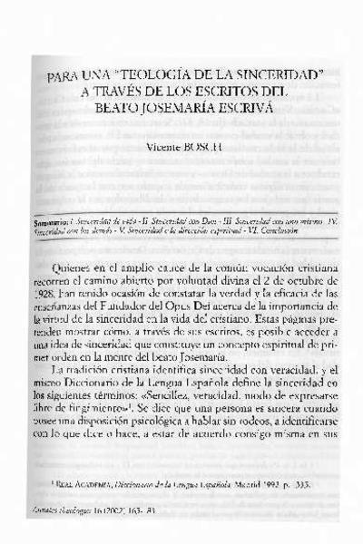 Para una «Teología de la sinceridad», a través de los escritos del Beato Josemaría Escrivá. [Journal Article]