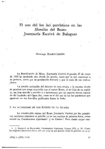 El uso de los «loci» patrísticos en las «Homilías» del Beato Josemaría Escrivá de Balaguer. [Journal Article]