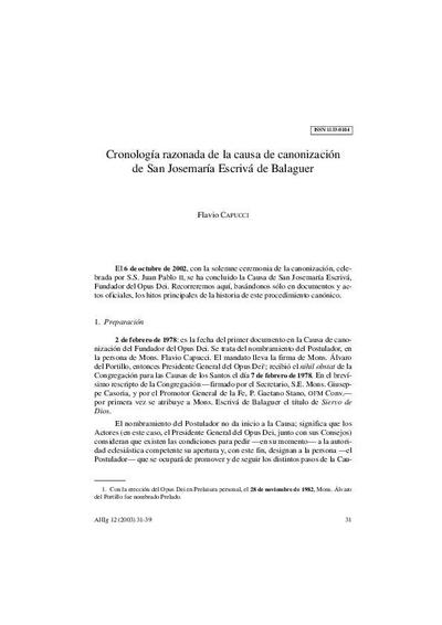 Cronología razonada de la causa de canonización de San Josemaría Escrivá de Balaguer. [Journal Article]