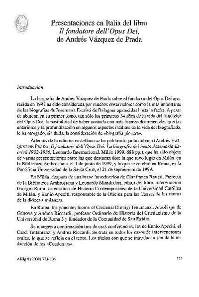 Presentaciones en Italia del libro Il fondatore dell’Opus Dei, de Andrés Vázquez de Prada. [Artículo de revista]