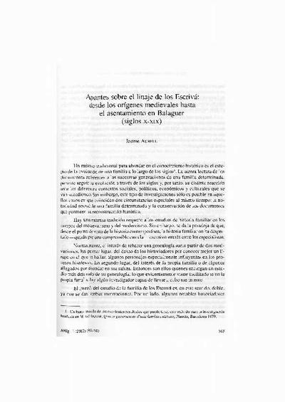 Apuntes sobre el linaje de los Escrivá: desde los orígenes medievales hasta el asentamiento en Balaguer (siglos X-XIX). [Journal Article]