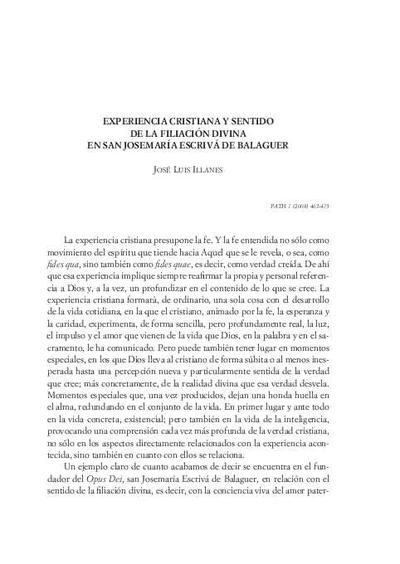 Experiencia cristiana y sentido de la filiación divina en san Josemaría Escrivá de Balaguer. [Journal Article]