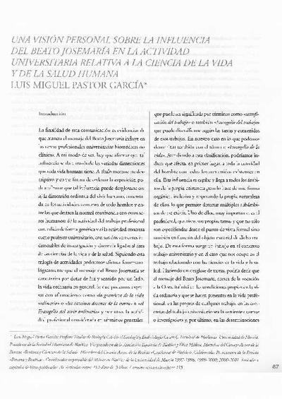 Una visión personal sobre la influencia del Beato Josemaría en la actividad universitaria relativa a la ciencia de la vida y de la salud humana. [Book Section]