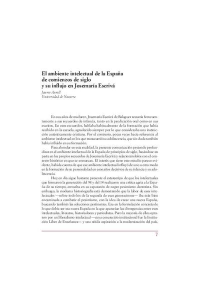 El ambiente intelectual de la España de comienzos de siglo y su influjo en Josemaría Escrivá. [Book Section]