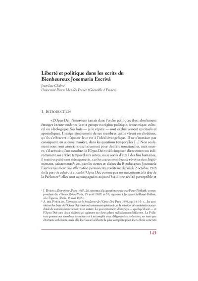 Liberté et politique dans les ecrits du Bienhereux Josemaria Escrivá. [Parte de un libro]