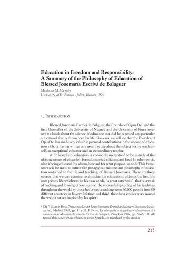 Education in Freedom and Responsability; A Summary of the Philosophy of Education of Blessed Josemaría Escrivá de Balaguer. [Parte de un libro]