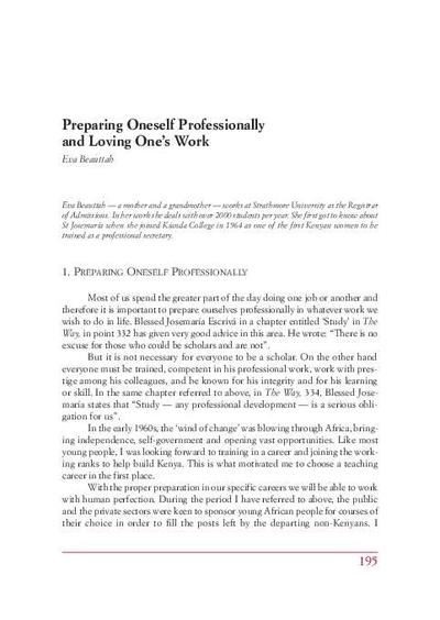 Preparing Oneself Professionally and Loving One’s Work. [Book Section]