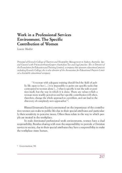 Work in a Professional Services Environment. The Specific Contribution of Women. [Book Section]