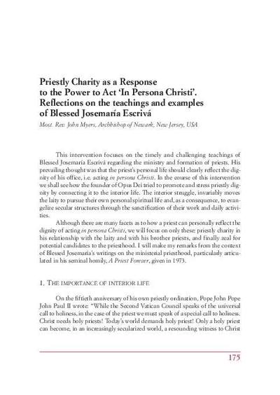 Priestly Charity as a Response to the Power to Act “In Persona Christi”. Reflections on the teachings and examples of Blessed Josemaría Escrivá. [Parte de un libro]