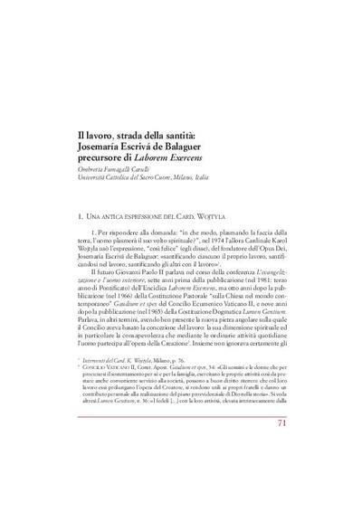 Il lavoro, strada della santità: Josemaría Escrivá de Balaguer precursore di <i>Laborem Exercens</i>. [Parte de un libro]