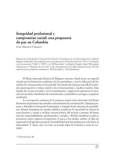 Integridad profesional y compromiso social: una propuesta de paz en Colombia. [Parte de un libro]