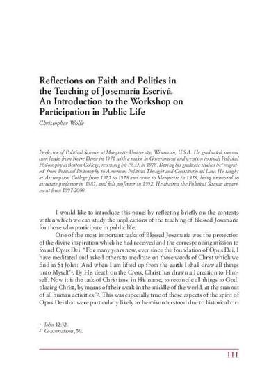 Reflections on Faith and Politics in the Teaching of Josemaría Escrivá. An Introduction to the Workshop on Participation in Public Life. [Book Section]