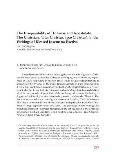 The Inseparability of Holiness and Apostolate. The Christian, <i>alter Christus, ipse Christus</i>, in the Writings of Blessed Josemaría Escrivá. [Book Section]