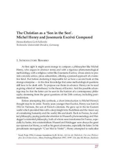 The Christian as a «Son in the Son». Michael Henry and Josemaría Escrivá compared. [Parte de un libro]