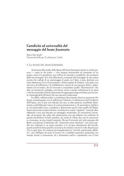 Cattolicità ed universalità del messagio del beato Josemaría. [Book Section]
