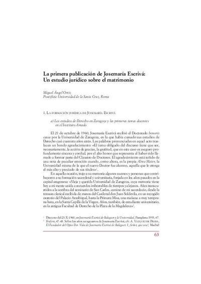 La primera publicación de Josemaría Escrivá: un estudio jurídico sobre el matrimonio. [Parte de un libro]