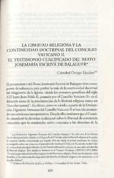 La libertad religiosa y la continuidad doctrinal del Concilio Vaticano II. El testimonio cualificado del beato Josemaría Escrivá de Balaguer. [Book Section]