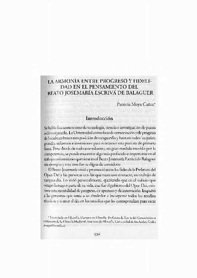 La armonía entre progreso y fidelidad en el pensamiento del beato Josemaría Escrivá de Balaguer. [Book Section]