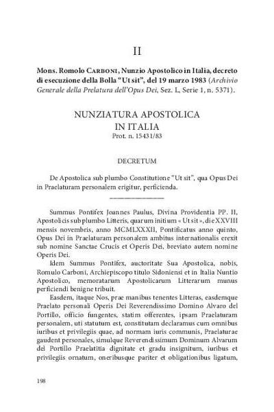 Nunziatura Apostolica in Italia. Prot. n. 15431/83. Decreto di esecuzione della Bolla «Ut sit», del 19 marzo 1983. [Parte de un libro]