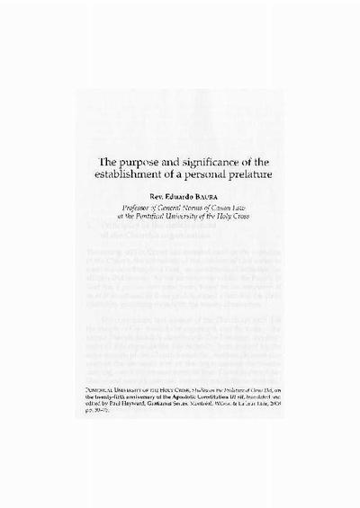 The purpose and significance of the establishment of a personal prelature. [Parte de un libro]