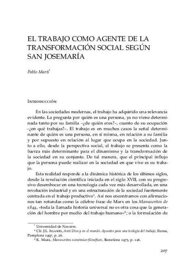 El trabajo como agente de la transformación social según san Josemaría. [Book Section]