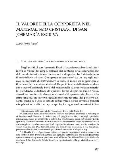 Il valore della corporeità nel <i>materialismo cristiano </i>di san Josemaría Escrivá. [Book Section]