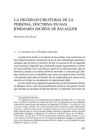 La dignidad creatural de la persona. Doctrina en san Josemaría Escrivá de Balaguer. [Book Section]