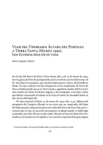 Viaje del Venerable Álvaro del Portillo a Tierra Santa (Marzo 1994). Los últimos días de su vida. [Book Section]