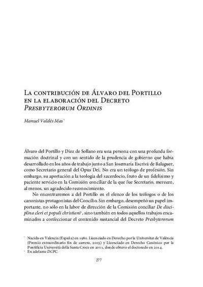La contribución de Álvaro del Portillo en la elaboración del Decreto <i>Presbyterorum Ordinis</i>. [Book Section]