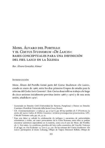 Mons. Álvaro del Portillo y el <i>Coetus Studiorum «De Laicis»</i>: bases conceptuales para una definición del fiel laico en la Iglesia. [Parte de un libro]