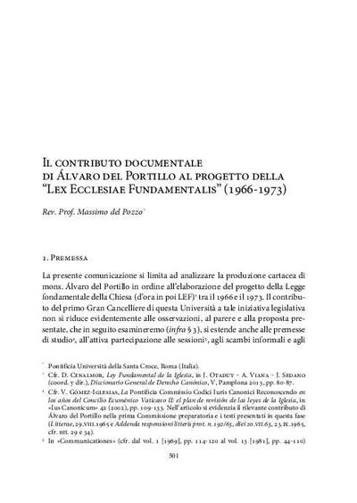 Il contributo documentale di Álvaro del Portillo al progetto della “Lex Ecclesiae Fundamentalis” (1966-1973). [Book Section]