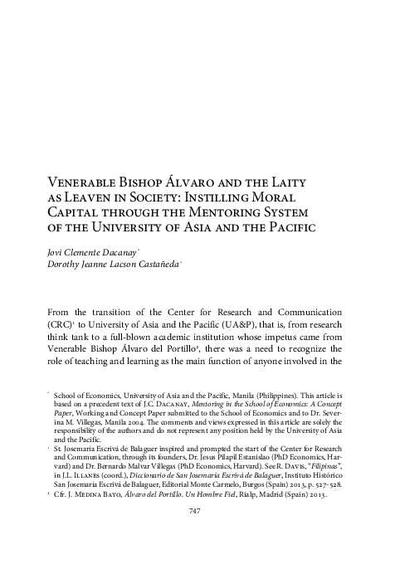 Venerable Bishop Álvaro and the Laity as Leaven in Society: Instilling Moral Capital through the Mentoring System of the University of Asia and the Pacific. [Parte de un libro]