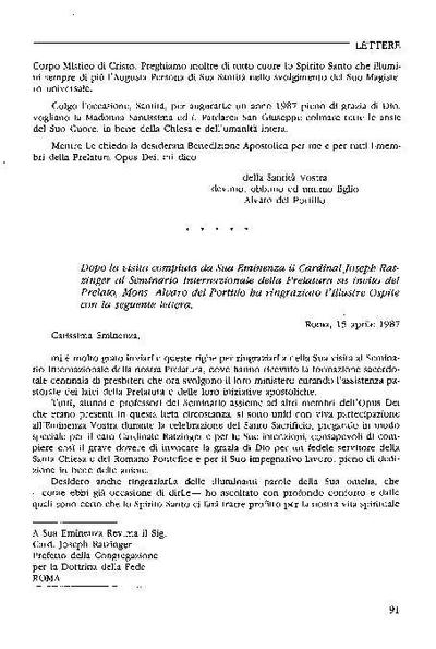 Lettera a Sua Eminenza il Cardinale Joseph Ratzinger in ringraziamento per la sua visita al Seminario Internazionale della Prelatura. [Artículo de revista]