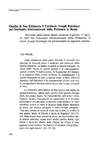 Omelia di Sua Eminenza il Cardinale Joseph Ratzinger nel Seminario Internazionale della Prelatura in Roma. [Artículo de revista]