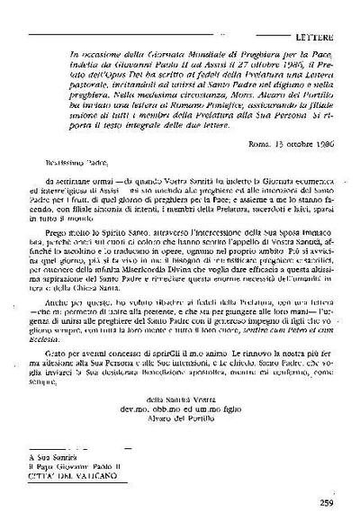 Carta a S.S. Juan Pablo II, con motivo de la Jornada Mundial de oración por la Paz (13-X-1986). [Artículo de revista]