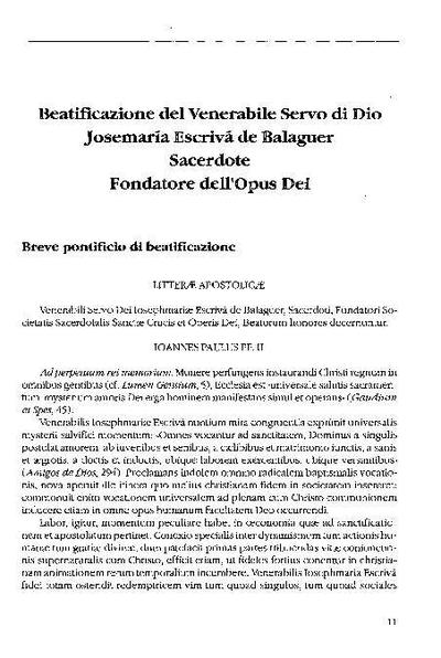 Beatificazione del Venerabile Servo di Dio Josemaría Escrivá de Balaguer, sacerdote Fondatore dell’Opus Dei. Breve pontificio di beatificazione. [Journal Article]