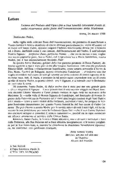 Lettera al santo Padre Giovanni Paolo II in occasione della solennità dell’Annunciazione della Beata Vergine Maria, 24-III-1988. [Artículo de revista]