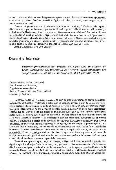 Discurso pronunciado con ocasión del otorgamiento de seis doctorados «honoris causa» por la Universidad de Navarra (29-I-1989). [Journal Article]