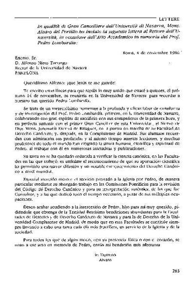 Carta al Rector de la Universidad de Navarra, con ocasión del Acto Académico en memoria del Prof. Pedro Lombardía, 4-XI-1986. [Journal Article]