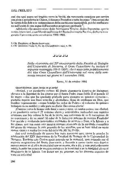 Lettera alla Facoltà di Teologia dell’Università di Navarra in occasione del 25º anniversario (31.X.1992). [Journal Article]