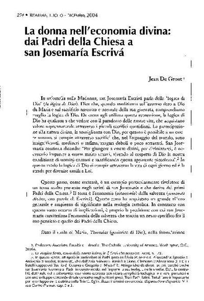 La donna nell’economia divina: dai Padri della Chiesa a san Josemaría Escrivá. [Journal Article]