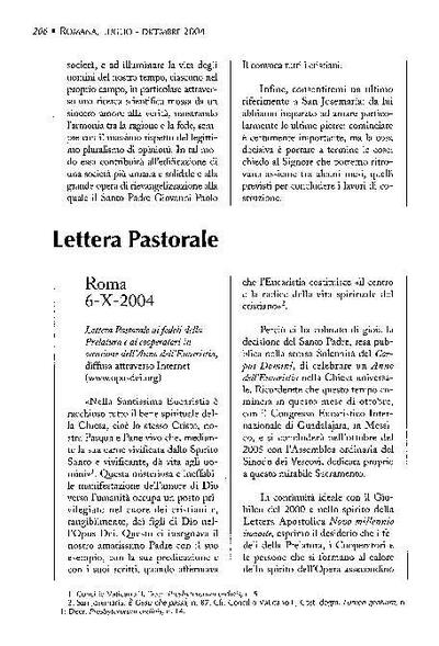 Lettera pastorale in occasione dell’Anno dell’Eucaristia, diffusa attraverso Internet (www.opusdei.org). Roma (6-X-2004). [Journal Article]