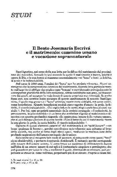 Il Beato Josemaría Escrivá e il matrimonio: cammino umano e vocazione soprannaturale. [Journal Article]