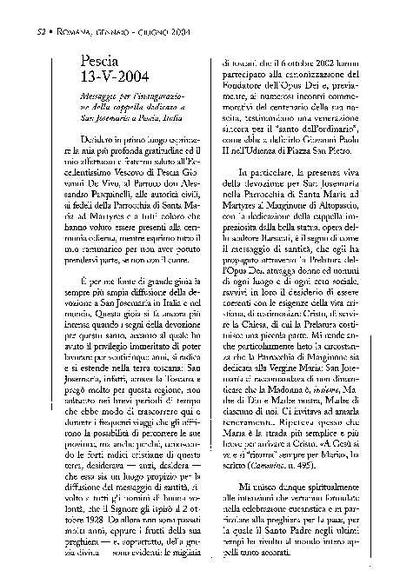 Messaggio per l’inaugurazione della cappella dedicata a San Josemaría a Pescia, Italia (13-V-2004). [Artículo de revista]