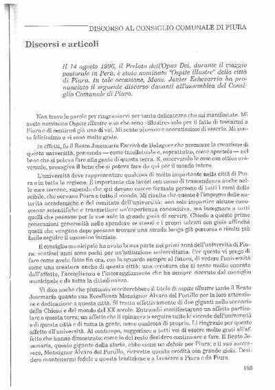 Discorso pronunciato da Mons. Javier Echevarria davanti all’assemblea del Consiglio Comunale Di Piura, Perù (14-VIII-1996). [Journal Article]