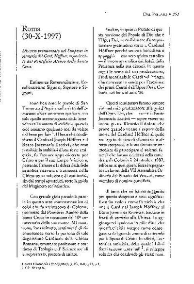 Discorso pronunziato nel simposio in memoria del card. Hoeffner, organizzato dal Pontificio Ateneo della Santa Croce (30-X-1997). [Journal Article]