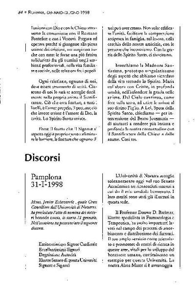 Discorso per l’atto di nomina dei dottori <i>honoris causa </i>presso l’Università di Navarra (31-I-1998). [Journal Article]